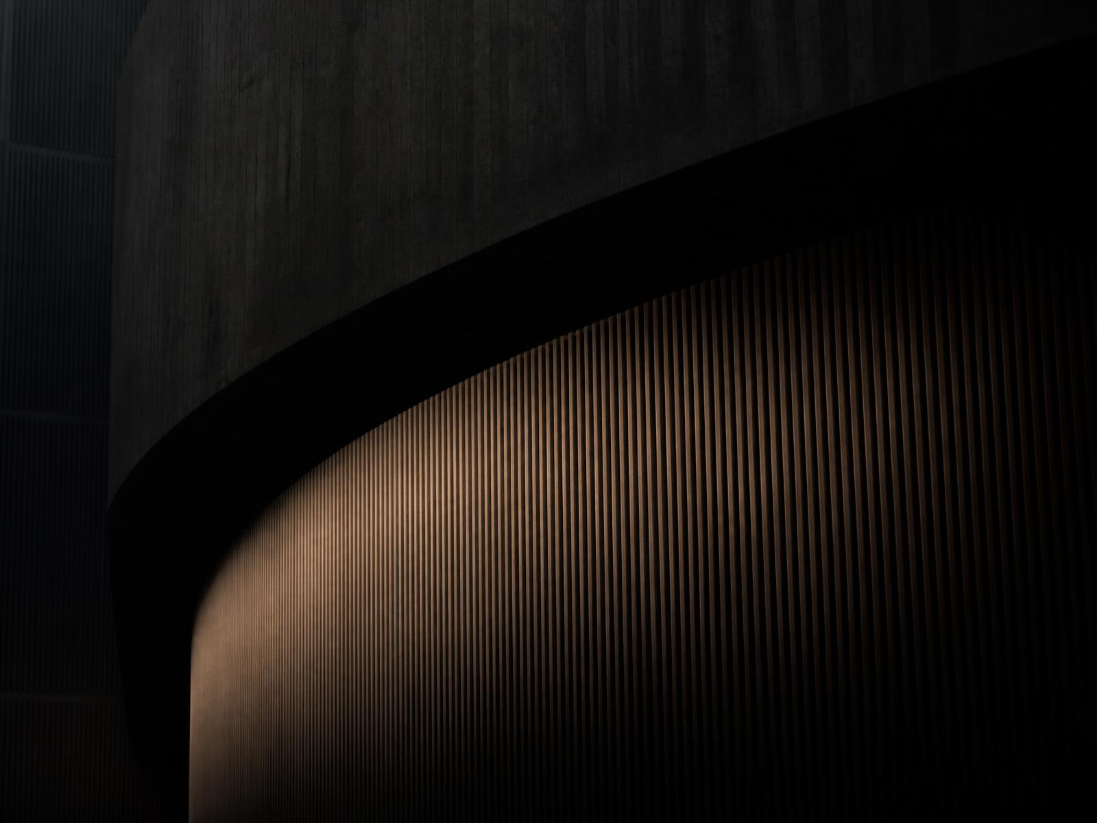 Abstract dark architectural detail with fine vertical ribs lit from one side